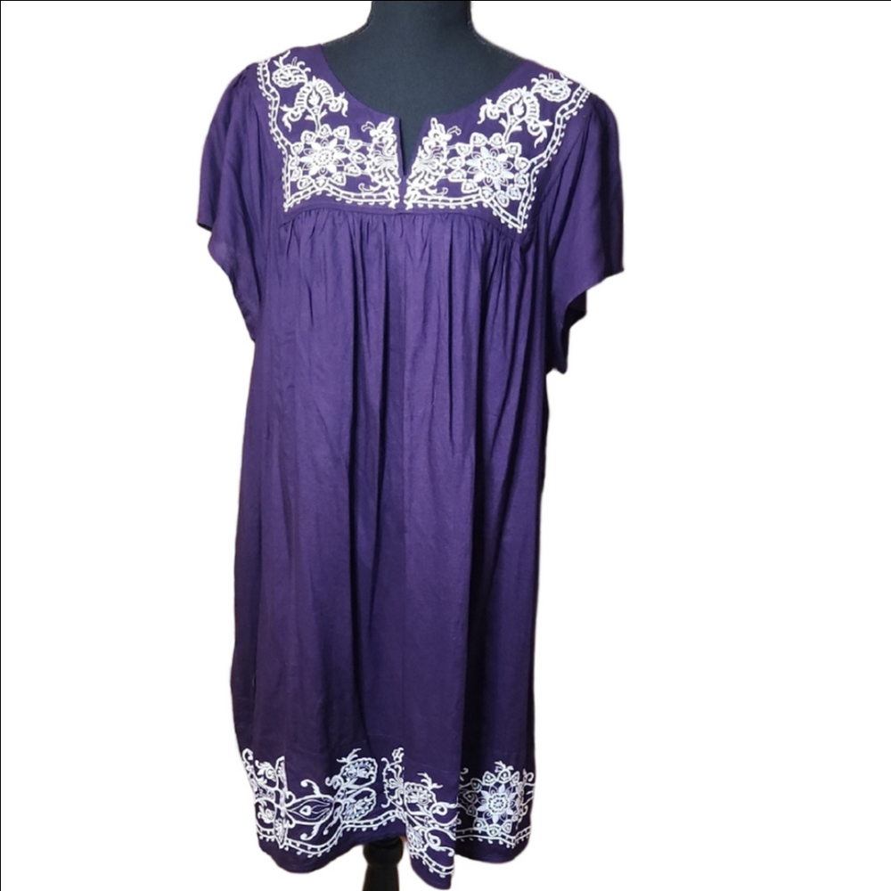 One Clothing Purple Dress with White Embroidery, Size 3X